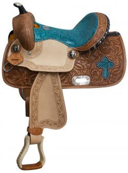 13" Double T Barrel style saddle with teal snake print seat and cross inlay.