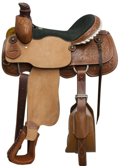 16" Circle S roper saddle with floral and basketweave tooling.