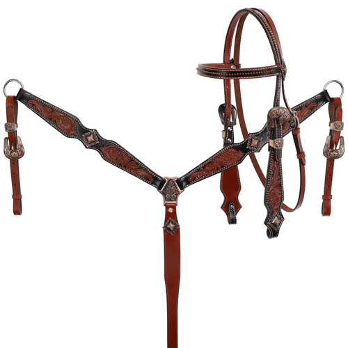 Showman Tooled Leather Headstall & Breast Collar Set w/ Brushed Copper Accents