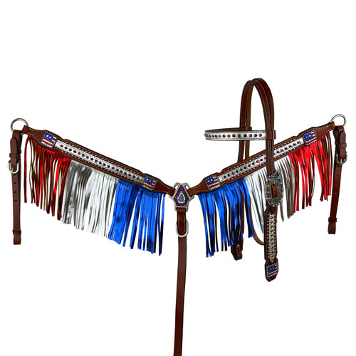 Showman Patriotic Metallic Fringe Headstall & Breast Collar Set w/ Reins