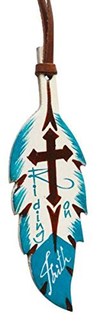 Leather Hand Painted Teal & Brown "Riding On Faith" Tie-On Feather