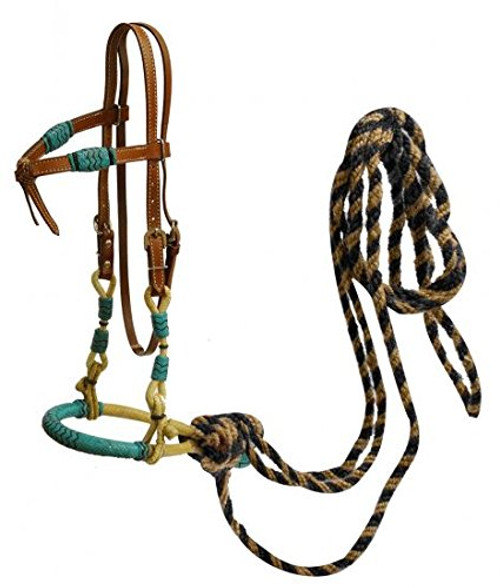 Showman Futurity Knot Headstall w/ Teal Rawhide Bosal & Horsehair Mecate Reins