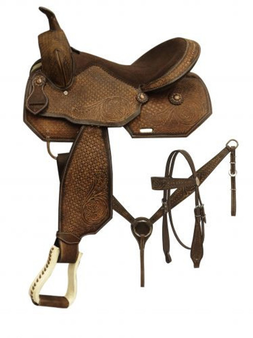 16" Barrel style saddle set with tooled rough out leather.