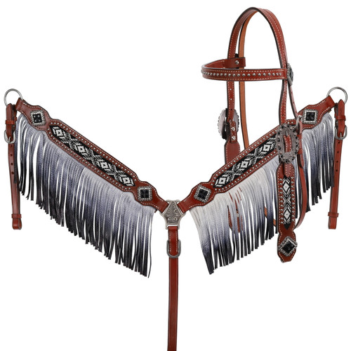 Showman Black & White Beaded Leather Headstall & Breast Collar w/ Ombre Fringe