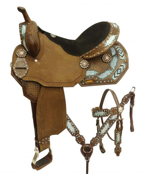 14", 15", 16" Double T style barrel saddle set with metallic painted feathers and beaded inlay
