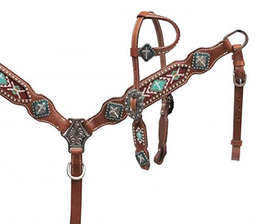 Showman Pony Leather Headstall & Breast Collar Set w/Teal Cross Beaded Inlay