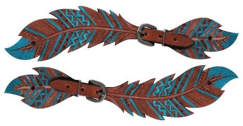 Showman Ladies Size Leather Teal Painted Cut-Out Feather Spur Straps