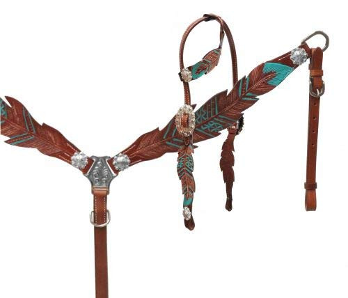 Showman Cut-Out Teal Painted Feather Headstall & Breast Collar Set w/ Reins