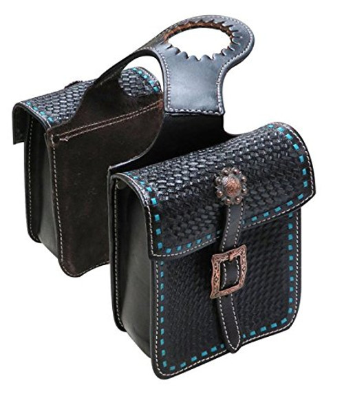 Showman Tooled Black Leather Horn Bag w/ Teal Buck Stitch
