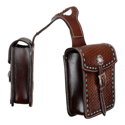 Showman Tooled Leather Horn Bag w/ Teal Buck Stitch