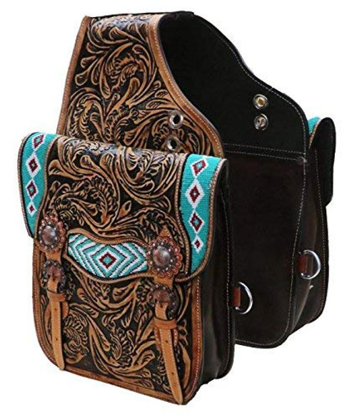 Showman Tooled Leather Saddle Bag w/ Turquoise, Red & White Beaded Inlay