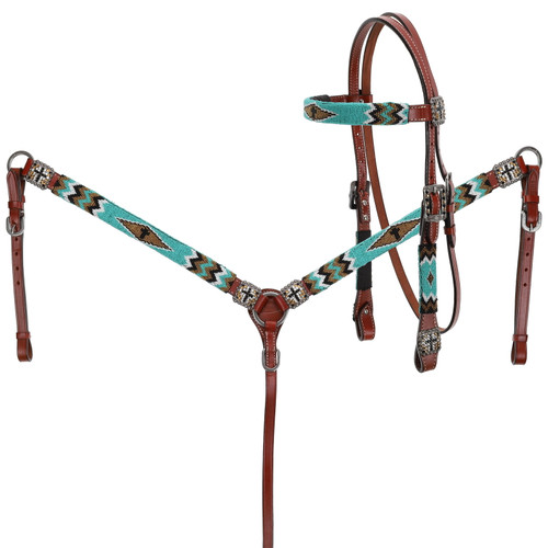 Showman Headstall & Breast Collar Set w/ Teal, Gold & Black Beaded Cross Design