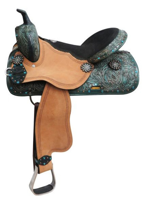 16" Double T  barrel style saddle with spur rowel conchos.