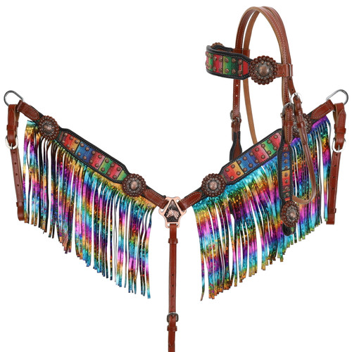 Showman Serape Print Leather Headstall & Breast Collar Set w/ Metallic Fringe