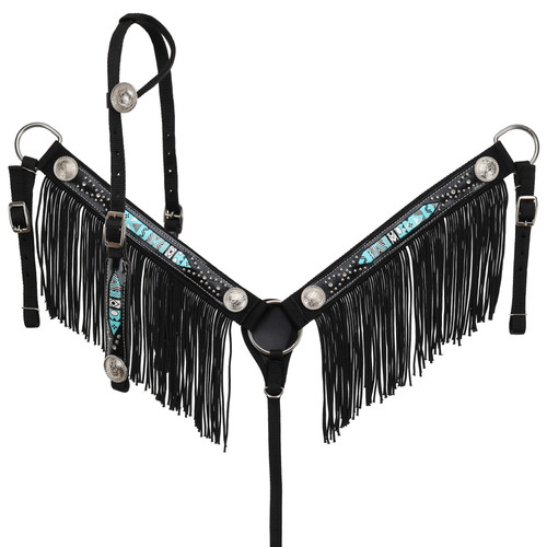 Showman Black & Turquoise Nylon Headstall & Breast Collar Set w/ Fringe