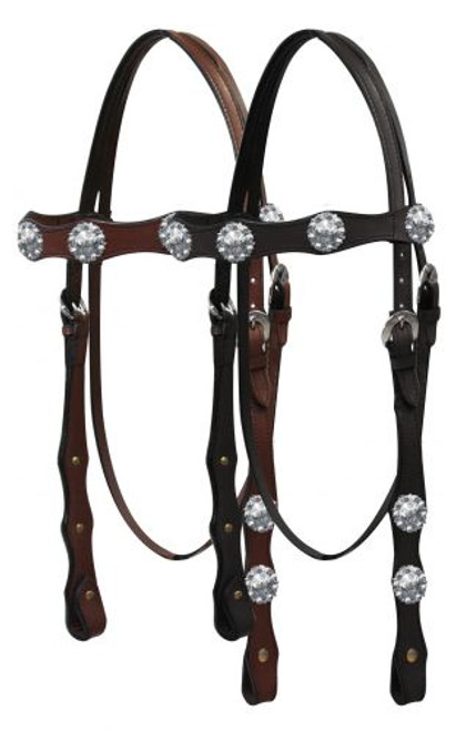 Double stitched leather headstall with engraved silver conchos on browband and cheeks. 
