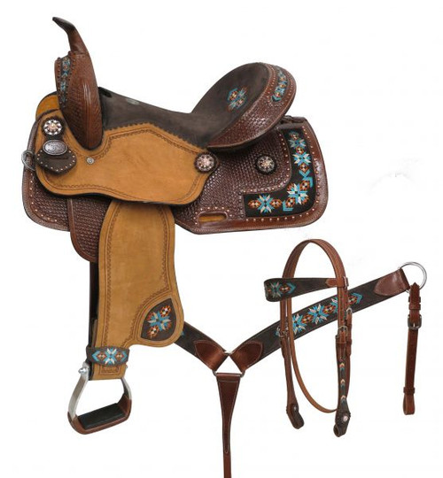 14", 15", Double T  barrel style saddle set with embroidered Navajo. 