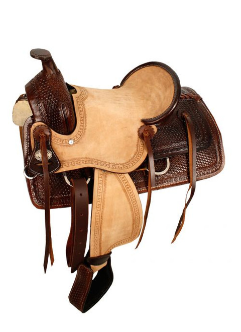 13" Double T Hard Seat Roper Style Saddle w/ Basketweave Tooling