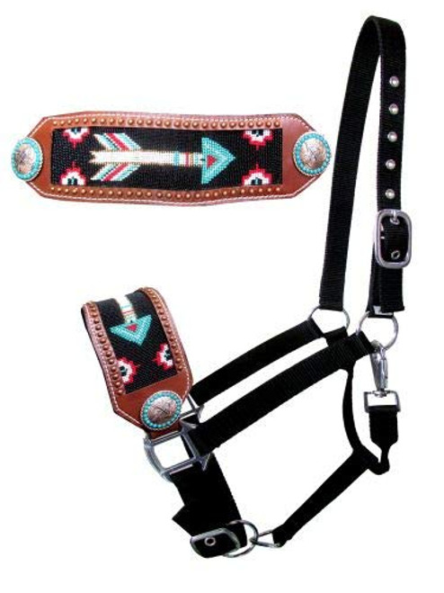 Showman Leather Bronc Halter w/ Turquoise Beaded Arrow Design