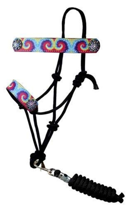 Showman Rainbow Tie Dye Print Rope Halter w/ Removable Lead Rope