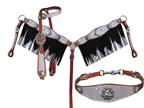 Showman 4 Piece Silver Glitter Single Ear Leather Headstall and Breast Collar Set