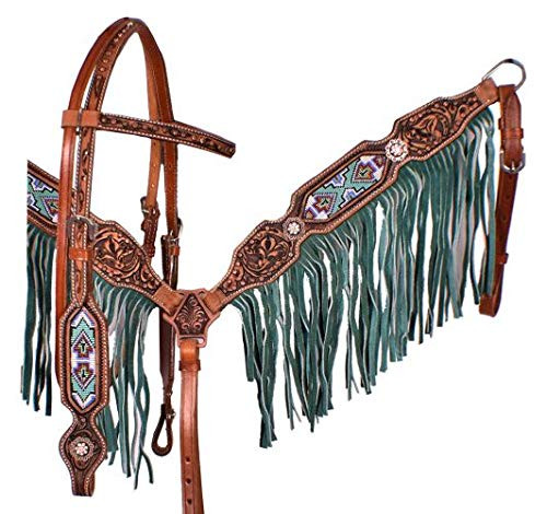 Showman Leather Headstall & Breast Collar Set w/ Beaded Inlay & Turquoise Fringe