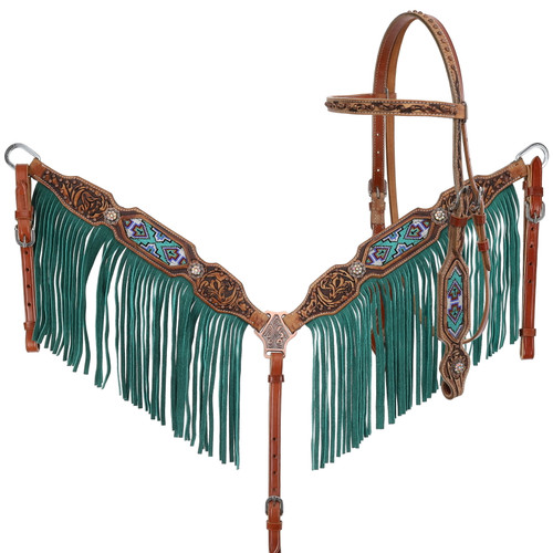 Showman Leather Headstall & Breast Collar Set w/ Beaded Inlay & Turquoise Fringe