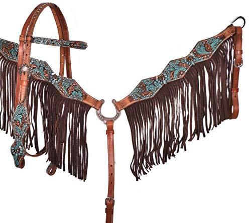 Showman Turquoise & Brown Floral Tooled Headstall & Breast Collar Set w/ Fringe
