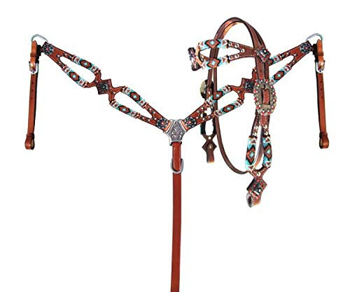 Showman Turquoise & Orange Beaded Leather Headstall & Breast Collar Set