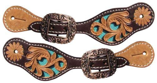 Showman Youth Dark & Light Leather Spur Straps w/ Floral Tooling & Turquoise Inlay