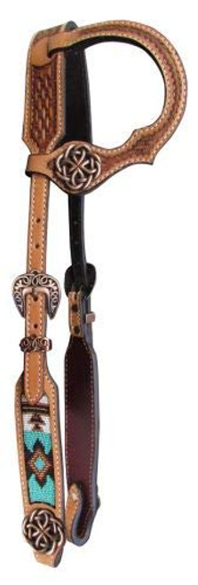 Showman Argentina Cow Leather Single Ear Headstall w/ Teal Beaded Inlays