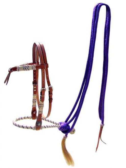 Showman Leather Futurity Knot Headstall w/ Purple Rawhide Braided Bosal & Purple Nylon Mecate Reins