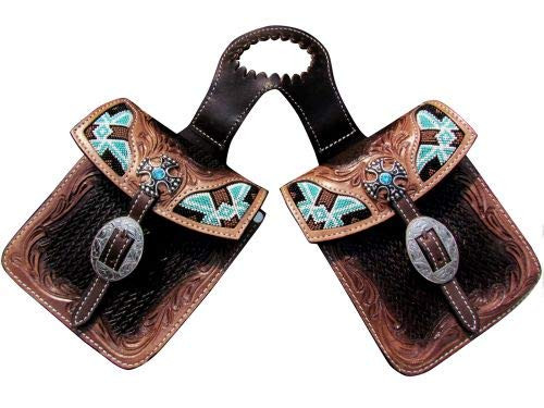 Showman Basket Weave & Leaf Tooled Horn Bag w/ Beaded Inlays & Turquoise Stone Cross Conchos