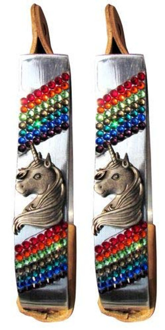 Showman YOUTH Polished Aluminum Stirrups w/ Unicorn Conchos & Rainbow Crystal Rhinestones