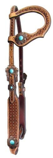 Showman Argentina Cow Leather Single Ear Headstall w/ Waffle Tooling & Turquoise Stones