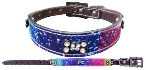 Showman Couture Genuine Leather Dog Collar w/ Distressed Rainbow Print Overlay