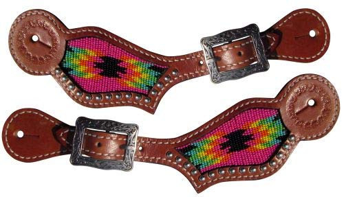 Showman Leather Spur Straps w/ Hot Pink Beaded Navajo Design