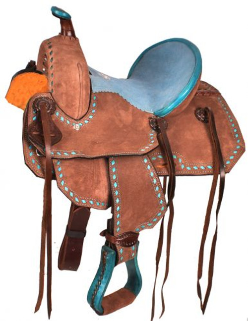 10" Double T  Youth Barrel style saddle with turquoise seat.