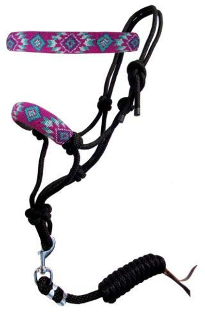 Showman Pink Navajo Beaded Nose Cowboy Knot Rope Halter w/ 7' Lead