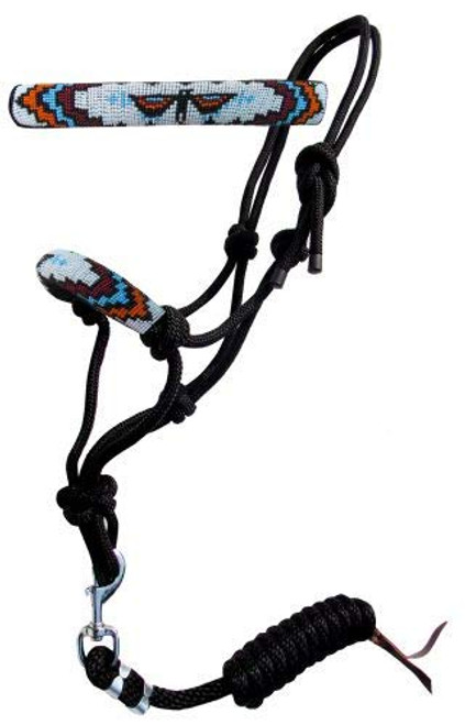 Showman Cowboy Knot Rope Halter w/ Beaded Thunderbird Design Noseband