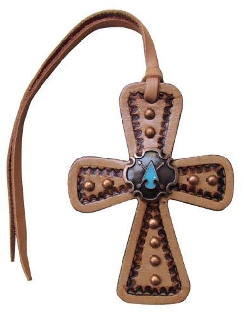 Showman Light Leather Tie-On Cross w/ Turquoise Stone Arrowhead Concho