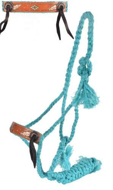Showman Woven Teal Nylon Mule Tape Halter w/ Hand Painted Feather Design Leather Noseband & Lead