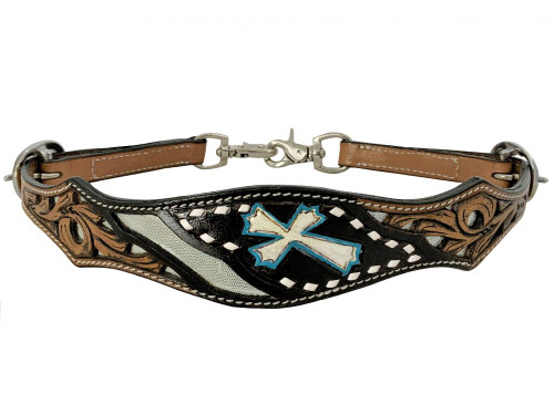 Showman Leather Wither Strap w/ Teal Hand Painted Cross & Silver Metallic Inlays