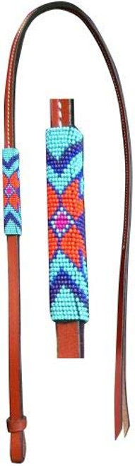 Showman 4' Leather Over Under Whip w/ Teal, Purple & Orange Beaded Overlay