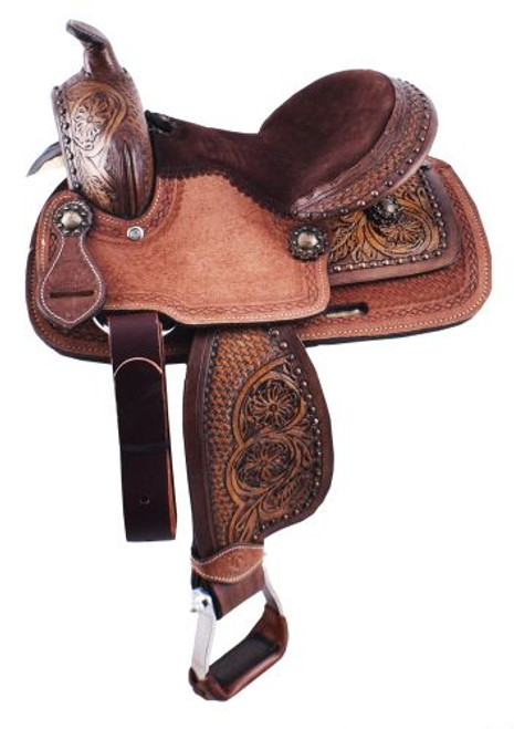 10" Double T pony saddle with floral and basketweave tooled pommel, cantle, and skirt.