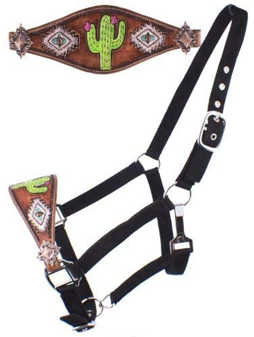 Showman Bronc Halter w/ Painted Navajo Cactus Design Noseband