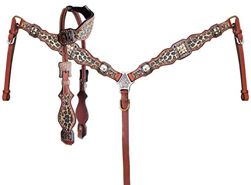 Showman Cheetah Print Leather Single Ear Headstall & Breast Collar Set w/ Reins