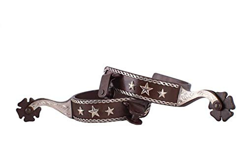 Showman Men's Brown Steel Spurs w/ Silver Rope Border, Stars & Engraved Overlay
