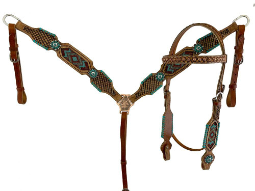 Showman Browband Leather Headstall & Breast Collar Set w/ Southwest Beaded Inlay