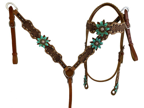 Showman Leather Browband Headstall & Breast Collar Set w/ Teal & Brown Flowers